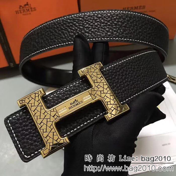 愛馬仕HERMES 純手工荔枝紋 奢華立體紋鑲鑽 高端男士皮帶 HHG1074